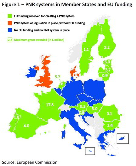 Mappa dei progetti pilota PNR finanziati dalla Commissione europea
