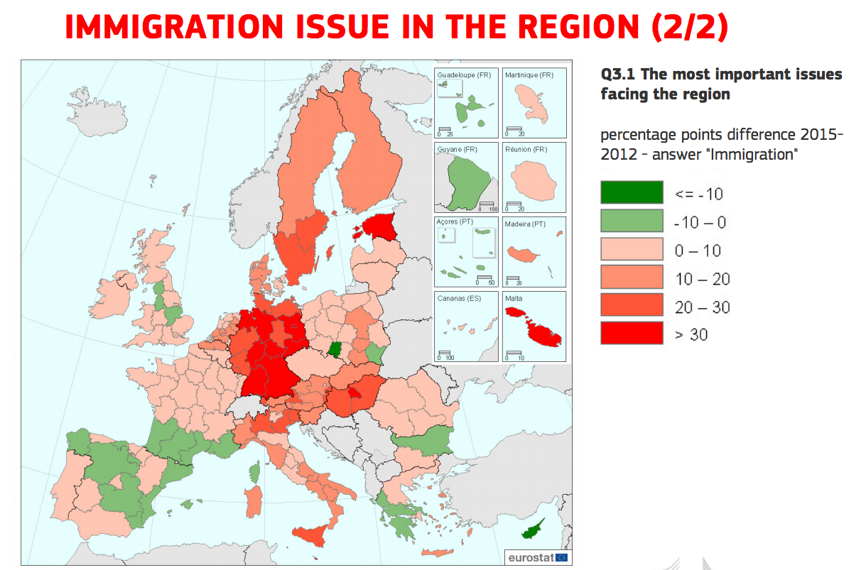 Differenza della preoccupazione in Europa per presenza migranti 2012-2015. (dati Eurostat). Mappa via Business Insider. 