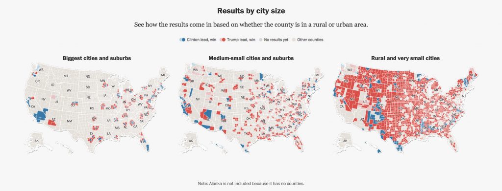 Distribuzione voti per aree metropolitane, città di medie dimensioni e aree rurali via New York Times