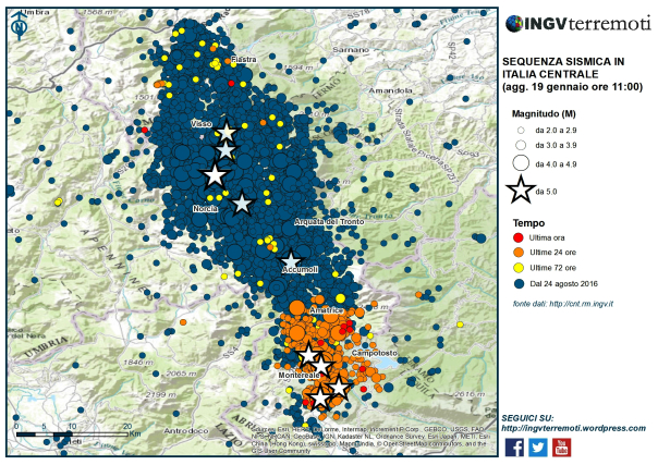 Localizzazione degli epicentri dei terremoti in Italia centrale dal 24 agosto a oggi, via INGV.