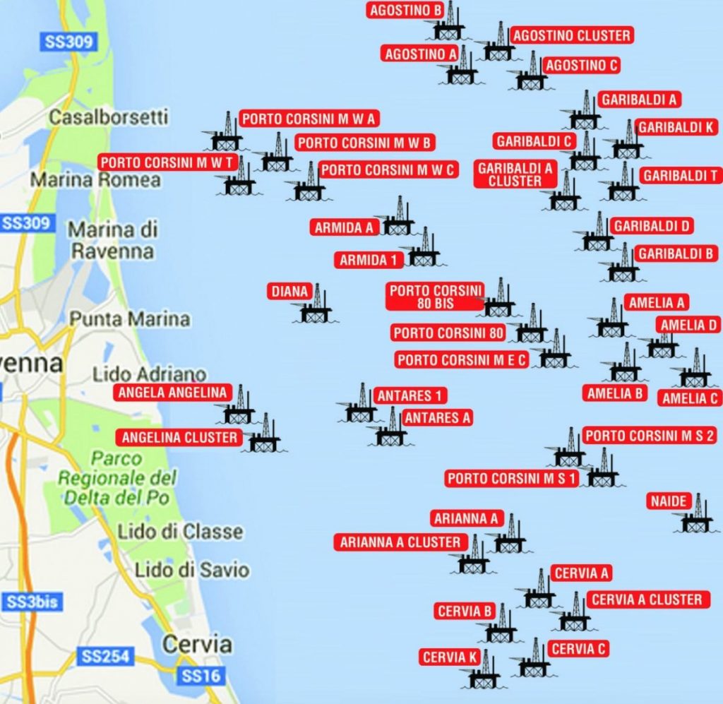 La mappa della ricerca ed esplorazione di combustibili al largo di Ravenna