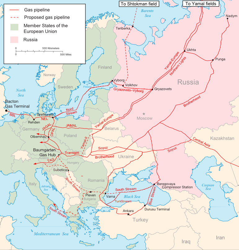 La mappa dei gasdotti dalla Russia verso l'Unione Europea – via Wikimedia Commons