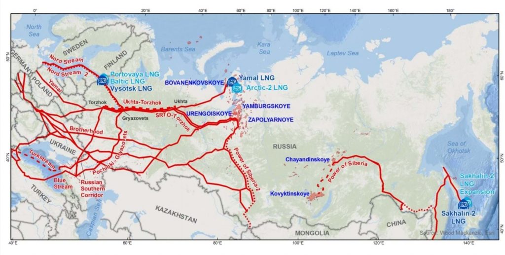 La mappa mostra la rete di gasdotti dalla Russia verso la Cina