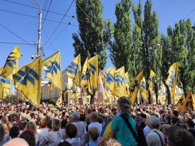 Persone partecipano a una manifestazione con bandiere con il simbolo del battaglione Azov. (immagine anteprima dell'articolo "Le origini del mito sull'Ucraina nazifascista: Azov, Bandera e il ruolo della propaganda russa")