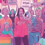 Copertina del libro La salute è un diritto di genere donne di varia età manifestano, con striscioni ("libere di Resistere") e bandiere arcobaleno