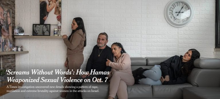 Stupri, abusi, mutilazioni. Sono le atrocità emerse dall’inchiesta del New York Times sulla violenza sessuale utilizzata da Hamas come arma di terrore nell’attacco dello scorso 7 ottobre. Nella foto l'intestazione dell'inchiesta del New York Times.