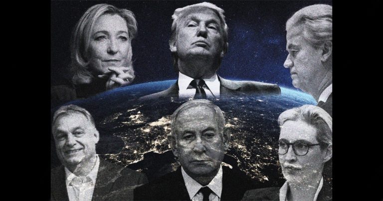 Nella foto leader dell'estrema destra nel mondo in ascesa: Le Pen, Trump, Wilders, Orban, Netanyahu e Weidel