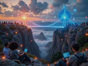 L'immagine rappresenta il divario digitale con l'IA. Sul versante sinistro, in tonalità grigie e desaturate, un gruppo eterogeneo di persone usa libri cartacei, vecchi computer e smartphone rotti, circondate da icone di buffering e segnale debole. Sul versante destro, a colori vividi e luminosi, individui di diverse età e culture interagiscono con laptop, tablet e proiezioni olografiche di reti neurali, simboli di AI e grafici di dati. Tra i due lati un grande ponte sospeso composto da circuiti elettronici e fibre ottiche che si illuminano di blu-ciano, a simboleggiare infrastrutture e competenze che colmano il gap. Nel cielo, elementi stilizzati di connessione: antenne 5G, nuvole cloud, icone Wi-Fi che sfumano in un network globale.