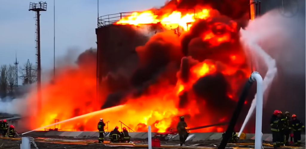 Un deposito russo di petrolio in fiamme, un gruppo di pompieri cerca di spegnere l'incendio con gli idranti