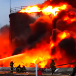 Un deposito russo di petrolio in fiamme, un gruppo di pompieri cerca di spegnere l'incendio con gli idranti