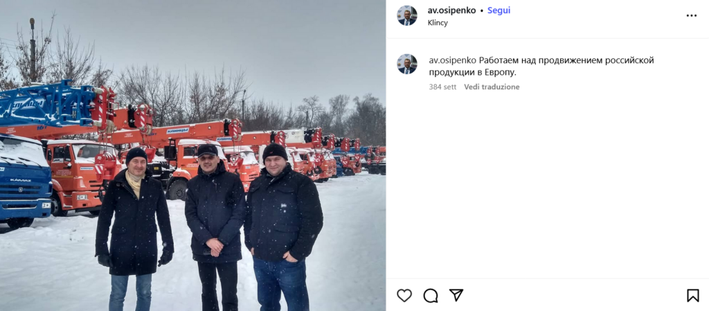 Screenshot dal profilo Instagram di Osipenko. Nella foto è dietro a gru semoventi russe. La didascalia recita: “Stiamo lavorando per introdurre i prodotti russi sul mercato europeo”.