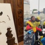 Le immagini dello sfratto di Bologna, con la porta sfondata e le persone fuori con gilet gialli