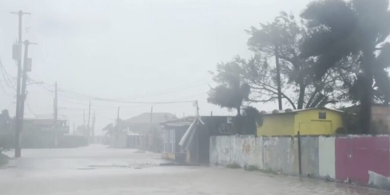 Le strade di New Hope, in Giamaica, inondate e gli alberi sferzati dal vento durante il passaggio dell'uragano Melissa
