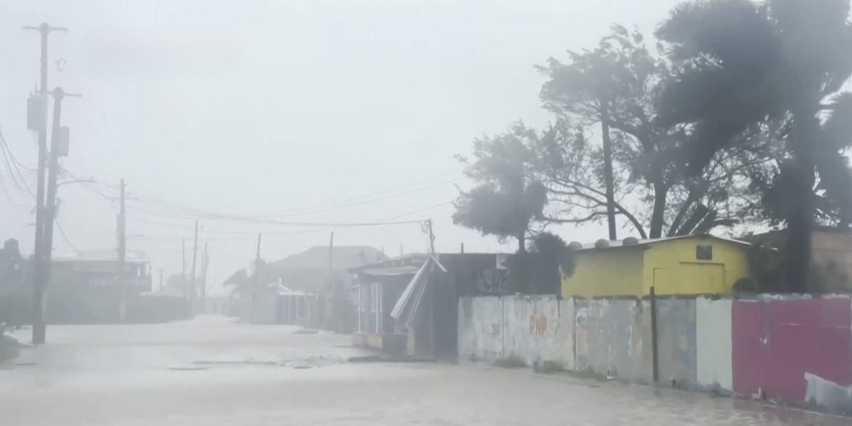 Le strade di New Hope, in Giamaica, inondate e gli alberi sferzati dal vento durante il passaggio dell'uragano Melissa