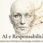 Un volto umano frontale al centro: la metà sinistra del viso è disegnata come uno studio anatomico, con muscoli e strutture del volto visibili, in stile schizzo scientifico; la metà destra si trasforma gradualmente in una rete di nodi e linee, che richiama i circuiti, le connessioni neurali o le reti dell’intelligenza artificiale, con punti luminosi che sembrano dati o sinapsi digitali.