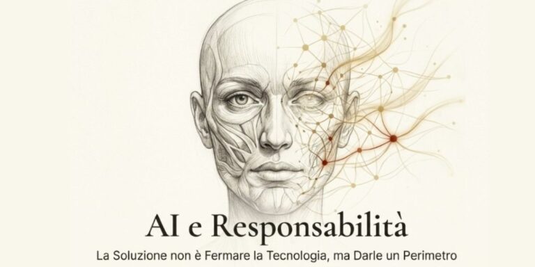 Un volto umano frontale al centro: la metà sinistra del viso è disegnata come uno studio anatomico, con muscoli e strutture del volto visibili, in stile schizzo scientifico; la metà destra si trasforma gradualmente in una rete di nodi e linee, che richiama i circuiti, le connessioni neurali o le reti dell’intelligenza artificiale, con punti luminosi che sembrano dati o sinapsi digitali.