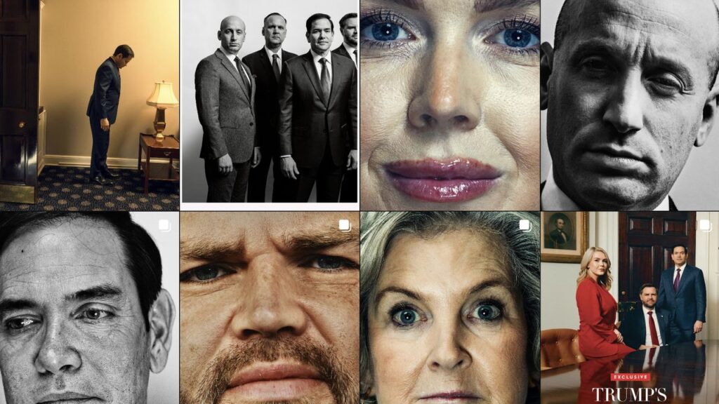 Lo screenshot dell'home page Instagram di Vanity Fair che mostra le anteprima di alcune immagini del servizio fotografico di Christopher Anderson sul cerchio magico di Donald Trump