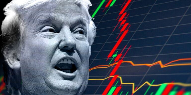 Il profilo di Trump in primo piano e gli andamenti dei mercati globali sullo sfondo
