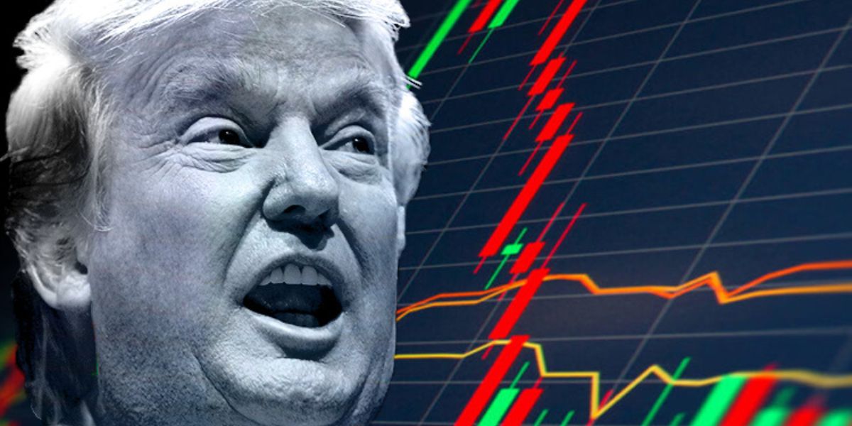 Il profilo di Trump in primo piano e gli andamenti dei mercati globali sullo sfondo