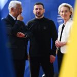Nella foto, il presidente del Consiglio europeo Antonio Costa, il presidente ucraino Zelensky e la presidente della Commissione Europea, Ursula von der Leyen.