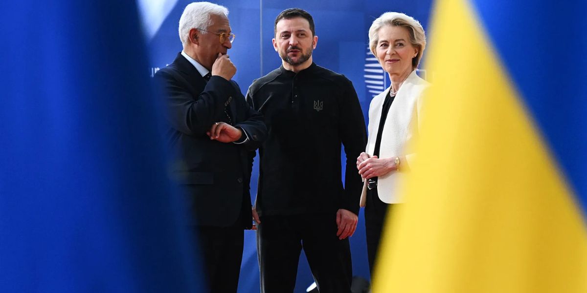Nella foto, il presidente del Consiglio europeo Antonio Costa, il presidente ucraino Zelensky e la presidente della Commissione Europea, Ursula von der Leyen.