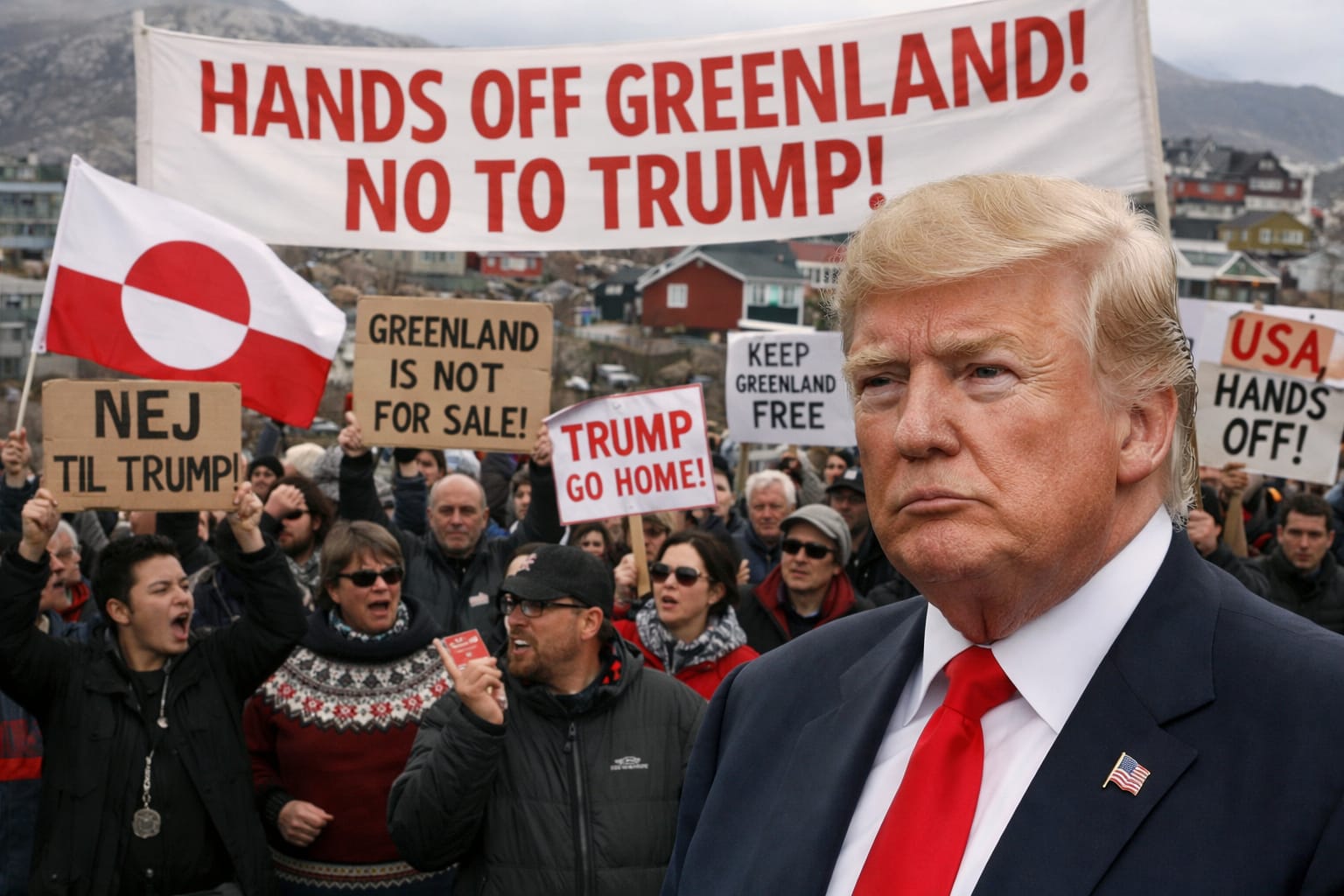 In primo piano Trump, sullo sfondo abitanti della Groenlandia che protestano