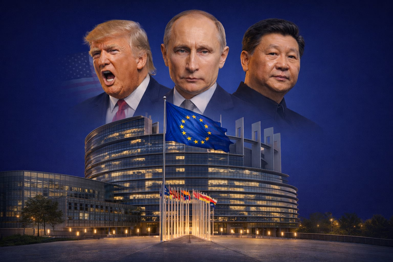 Trump Putin e Xi guardano minacciosi il parlamento europeo