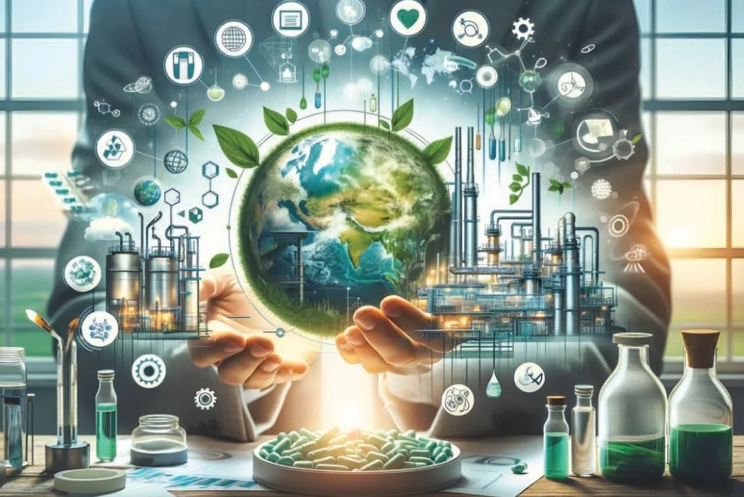 Un grafico con al centro il pianeta in mano a un medico e in basso su un tavolo medicine