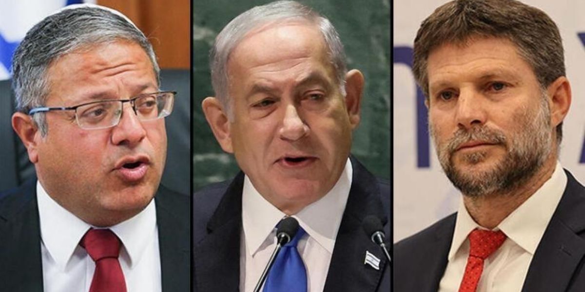 Da sinistra verso destra i volti di Ben-Gvir, Netanyahu e Smotrich