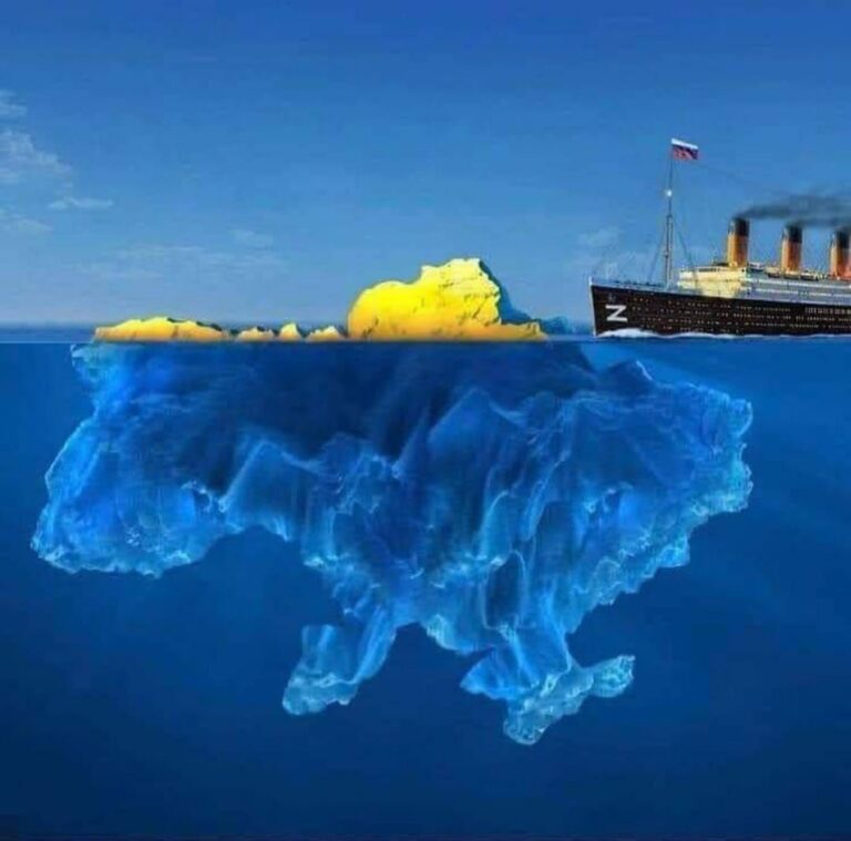 Una nave con la scritta "Z" si avvicina a una terra sempre più sommersa che è l'Ucraina