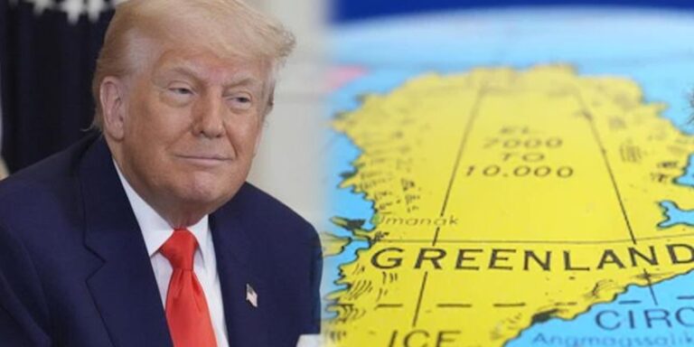 Sulla sinistra Trump che sorride con un ghigno, sulla destra una cartografia della Groenlandia.