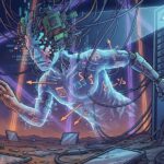 Illustrazione distopica di un'entità digitale fatta di circuiti, collegata a un server con un occhio della sorveglianza, mentre cerca di toccare una maschera umana su un suolo desertico pieno di tablet rotti.