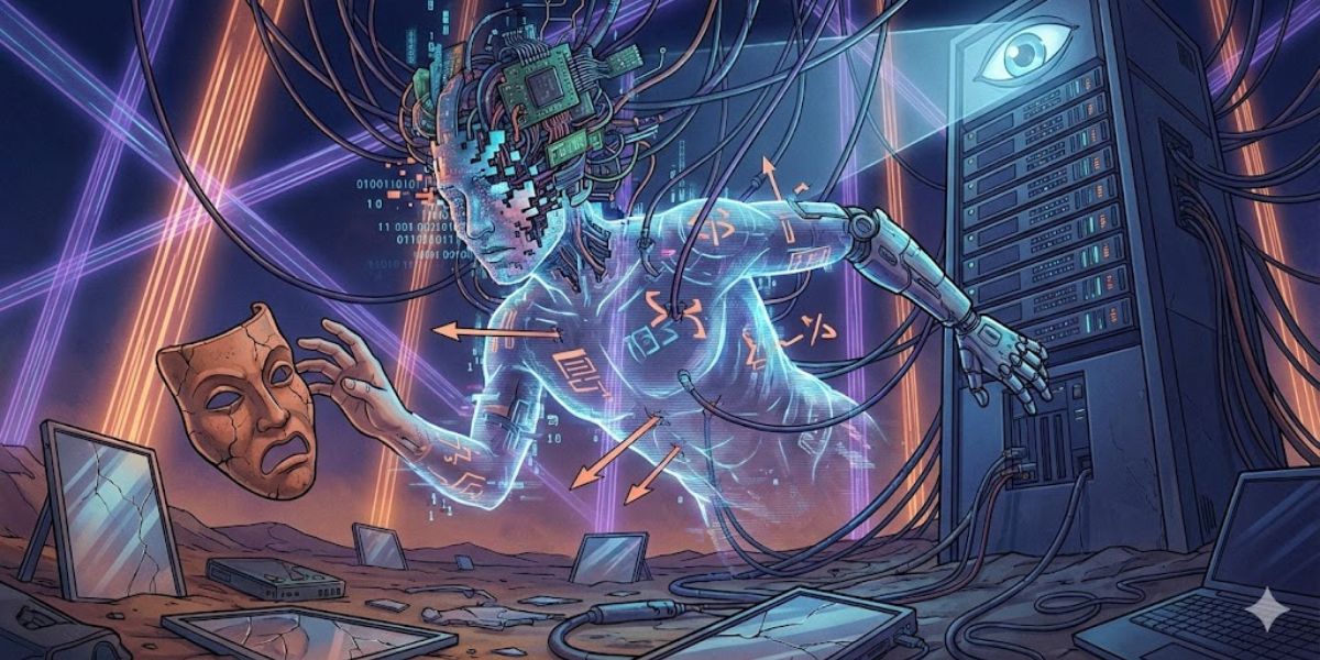 Illustrazione distopica di un'entità digitale fatta di circuiti, collegata a un server con un occhio della sorveglianza, mentre cerca di toccare una maschera umana su un suolo desertico pieno di tablet rotti.